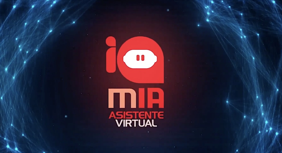Io Mia Asistente Virtual logo: red rounded icon with a white speech bubble on a dark blue network background.